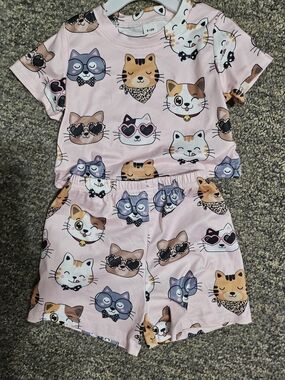 Kids Pink Cat-Print Pajama Set